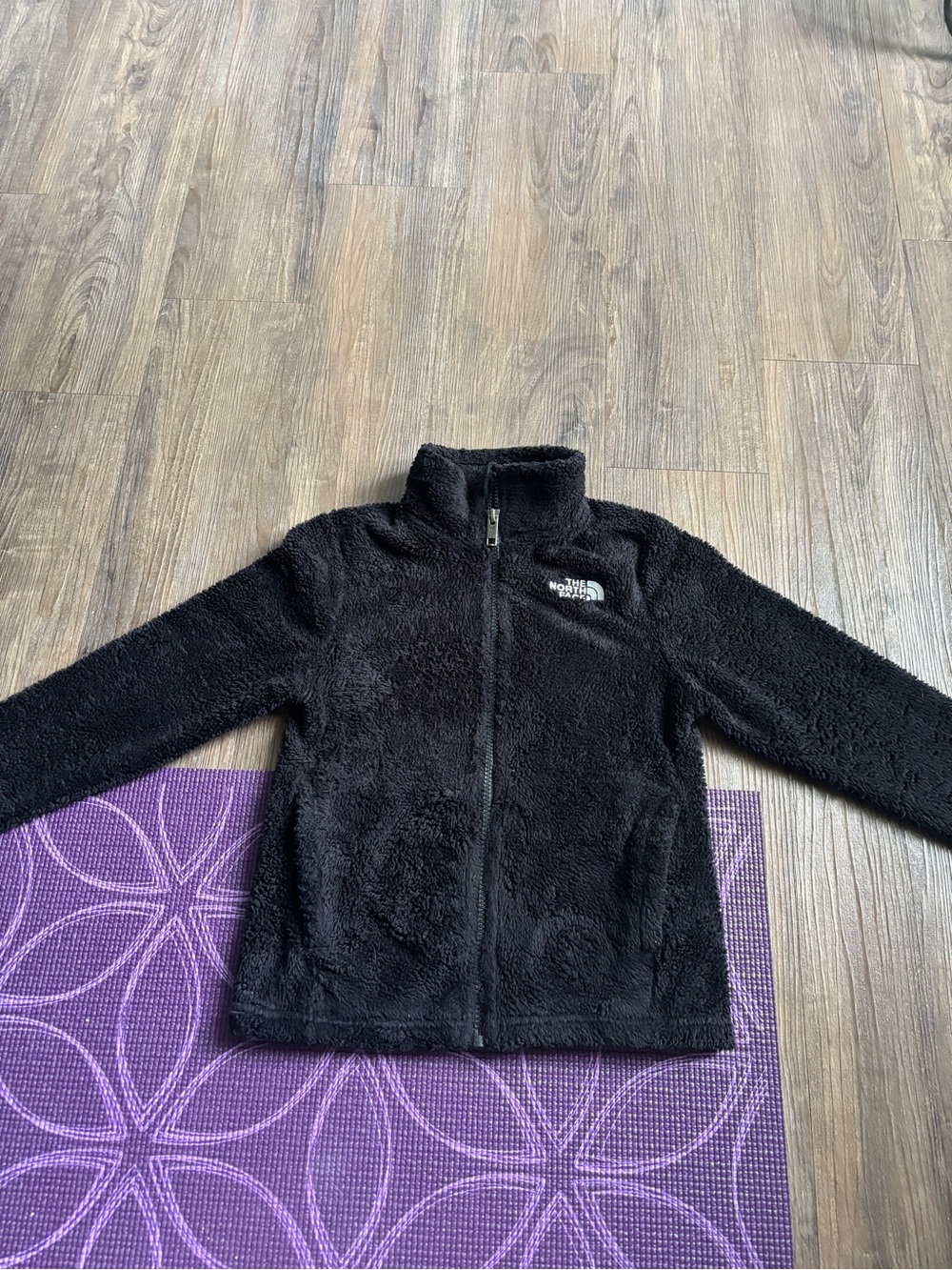 Kids black fuzzy North Face full zip up jacket size S